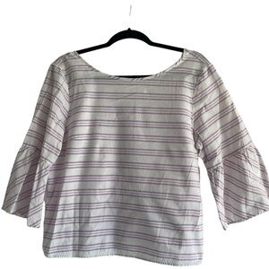 J crew Cotton White Blue Striped Back Tie Bell Sleeve Blouse Top